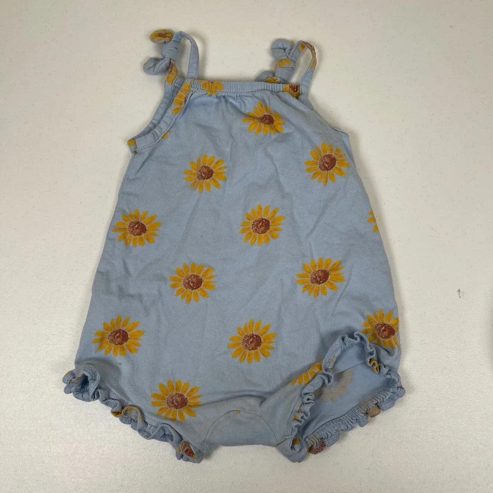 Baby Girl Romper Set‎ 3pc Sunflower Stripe Ladybug Ruffle Tie Shoulder Summer